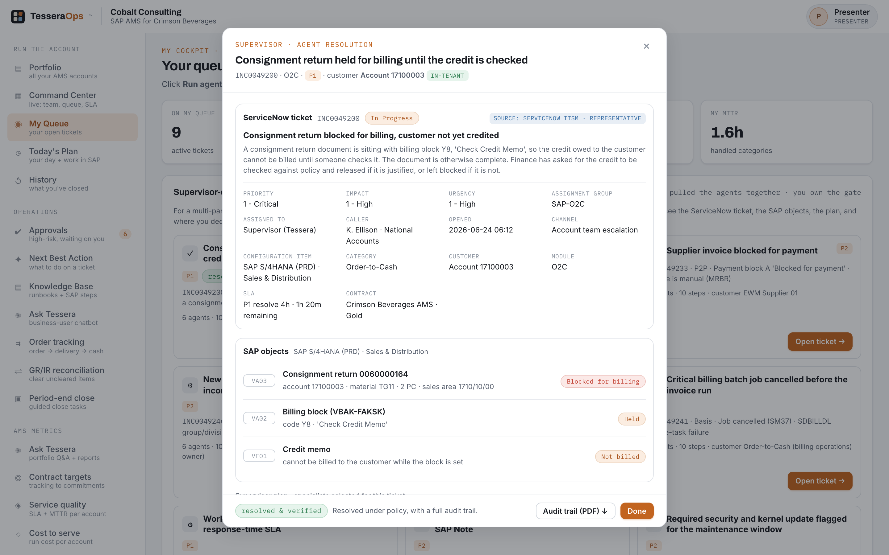 A resolved ticket marked resolved and verified, with an audit trail available as a PDF export.
